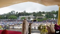 Pope Francis celebrates a Mass at the campus of the University of Nairobi, Kenya, Thursday, Nov. 26, 2015.