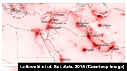 This graphic shows areas of greatest nitrogen dioxide pollution over Middle East cities, averaged over the period 2005 to 2014, as monitored from space. NO2 is associated with increased economic and industrial activity, and the satellite reading shows a dramatic drop in pollution after 2010. 