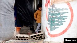 A Syrian refugee girl looks out from a tent at a makeshift settlement in Bar Elias in Lebanon's Bekaa Valley Jan. 5, 2015.