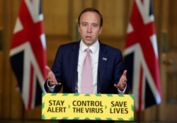 FILE - Britain's Health Secretary Matt Hancock holds the daily coronavirus disease news conference at 10 Downing Street in London, May 21, 2020. (Credit: Pippa Fowles /10 Downing Street/Handout)