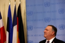 FILE - US Secretary of State Pompeo visits United Nations to submit complaint to Security Council calling for restoration of sanctions against Iran at UN headquarters in New York on Aug. 20, 2020.