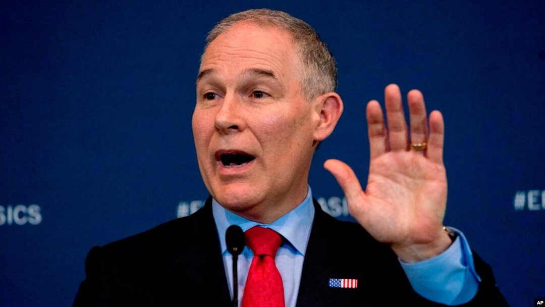 FILE - Environmental Protection Agency Administrator Scott Pruitt speaks at a news conference at EPA headquarters, in Washington, April 3, 2018.