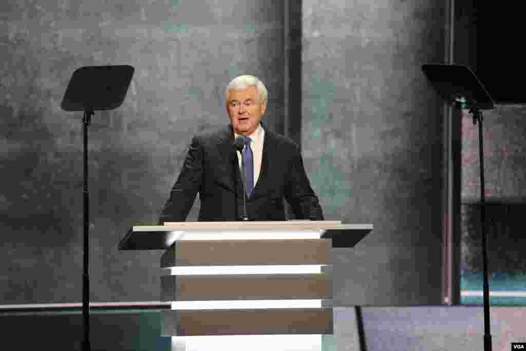 Former House Speaker Newt Gingrich delivers a speech at the Republican National Convention in Cleveland, Ohio on July 20, 2016. (Photo: A. Shaker / VOA)