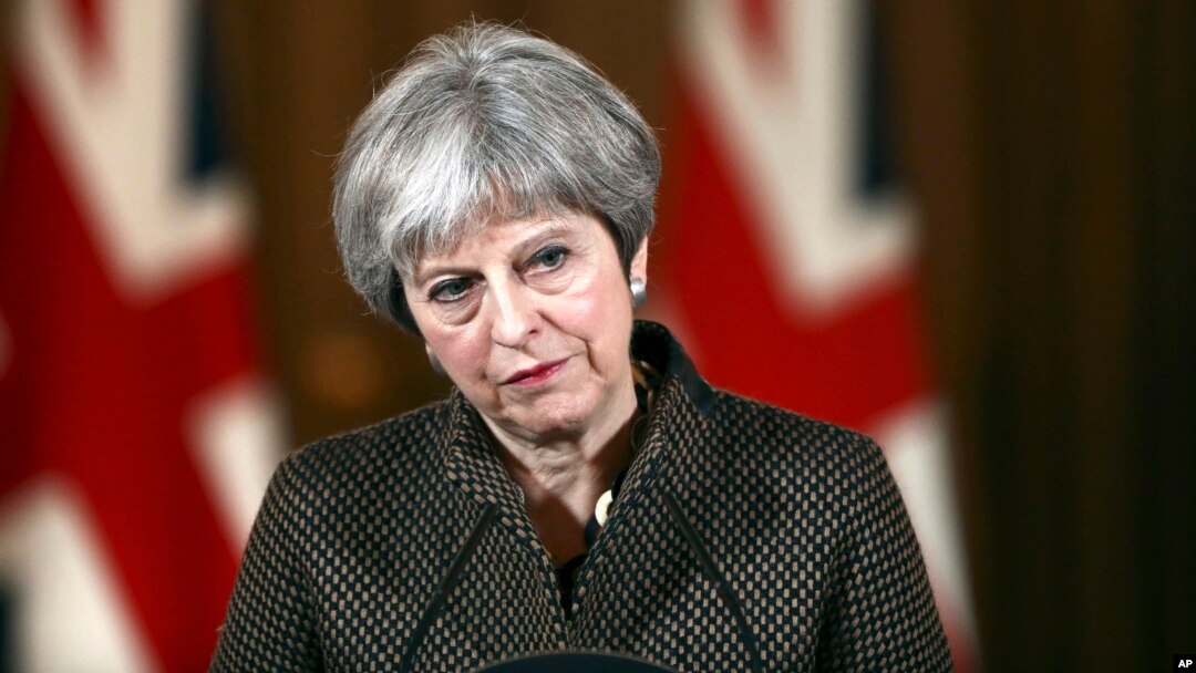 Britain's Prime Minister Theresa May during a press conference in 10 Downing Street, London, April 14, 2018. May says the need to act quickly and protect “operational security” led her to strike Syria without a prior vote in Parliament. 