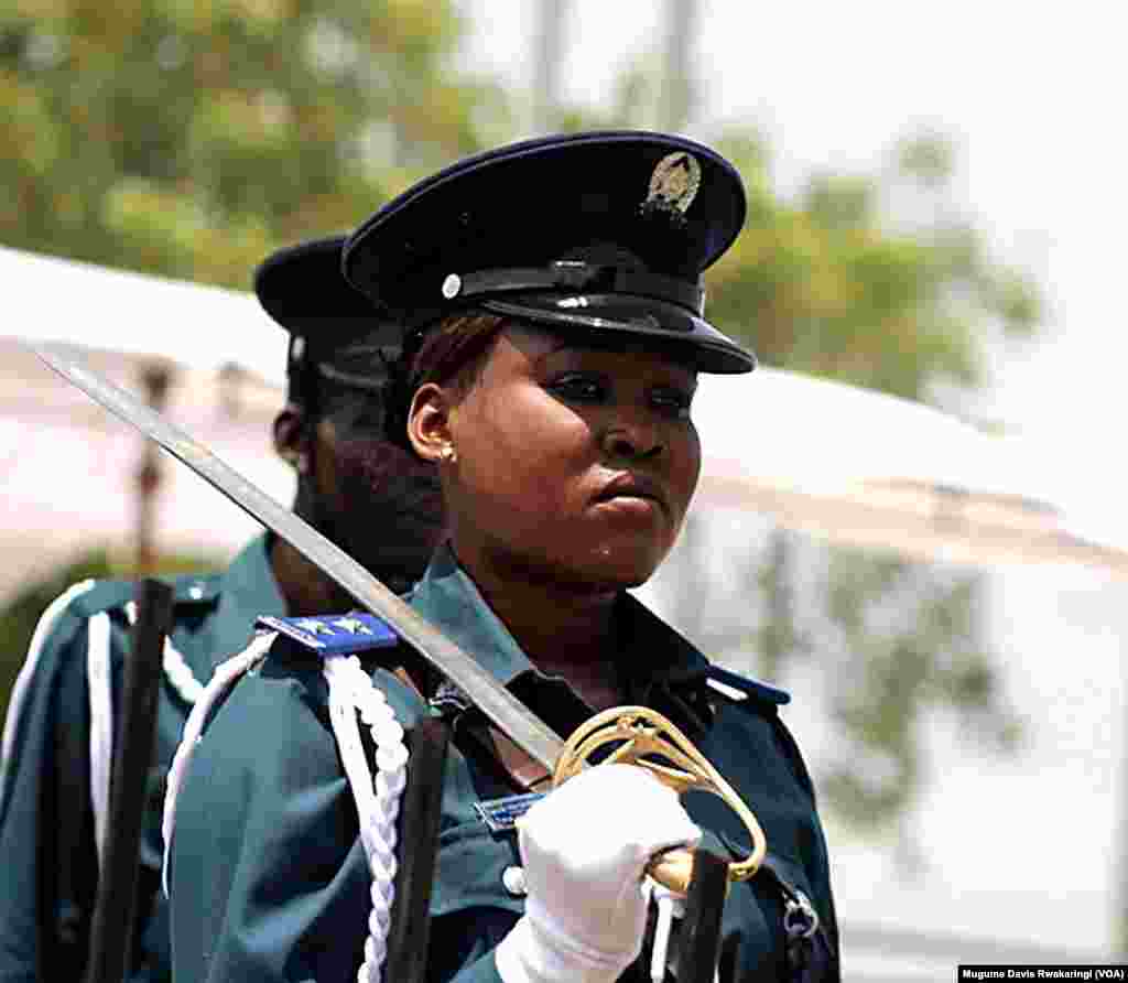 A South Sudanese policewoman at the event in Juba attended by hundreds of people to mark South Sudan&#39;s fourth anniversary of independence.
