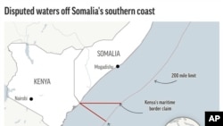 На карте показана береговая линия Кении и Сомали и район, где корабли и самолеты ВМС США прочесывали Аденский залив в поисках двух пропавших без вести американских «морских котиков»