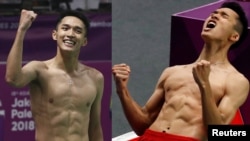 Jonatan Christie melakukan selebrasi usai laga Asian Games 2018.