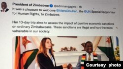 President Emmerson Mnangagwa held a meeting in Harare on Monday with UN Special Envoy, Elana Douhan. (Photo: Emmerson Mnangagwa/Twitter )