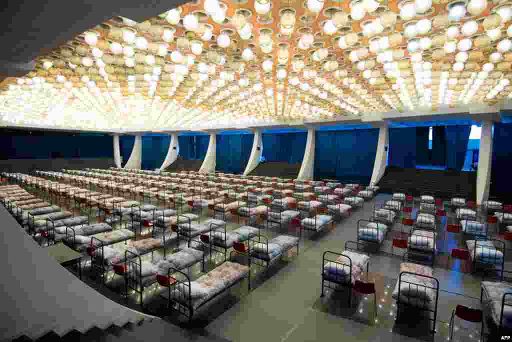 Beds are lined up in the hall of a temporary hospital during a partial lockdown amid the COVID-19 outbreak caused by the novel coronavirus, in the Karen Demirchyan's Sports and Concert Complex, in Yerevan, Armenia.