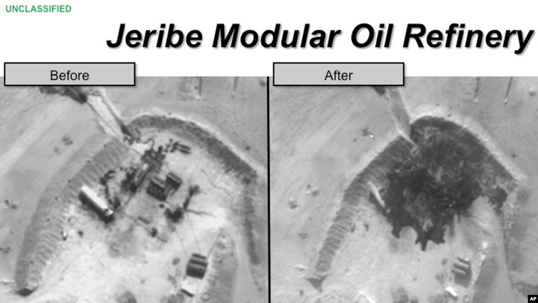 Hình ảnh do Ngũ Giác Đài cung cấp cho thấy nhà máy lọc dầu ở Syria trước và sau cuộc không kích của Mỹ. 