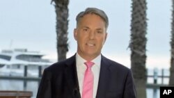 FILE - Australia's Deputy Prime Minister Richard Marles speaks in Geelong, Australia Monday, Aug. 28, 2023. Marles said there are still a "significant" number of Australians in the Middle East, and evacuation flights are being planned.