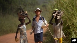  In this June 30, 2005 file photo, children living in a cocoa producing village walk back from the fields carrying wood and food stuff on their heads on the outskirts of the town of Oume, Ivory Coast.