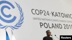 Presiden Nigeria Muhammadu Buhari berpidato pada COP24, Konferensi Perubahan Iklim PBB 2018 di Katowice, Polandia 3 Desember 2018. (Foto: dok)