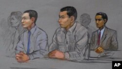 Азамат Тажаяков, Диас Кадырбаев и Робель Филлипос (зарисовка из зала федерального суда). Бостон. 13 мая 2014 г.