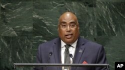 FILE - Solomon Islands Ambassador to the United Nations Collin Beck speaks during a session of the United Nations General Assembly at U.N. headquarters, Sept. 30, 2014.