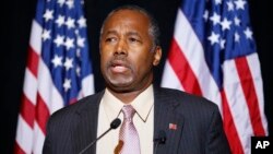 FILE - Republican presidential candidate Dr. Ben Carson speaks at a news conference in Henderson, Nevada, Nov.16, 2015. 