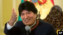 FILE - Bolivia's President Evo Morales speaks during a press conference at the government palace in La Paz, Bolivia, April 17, 2017.