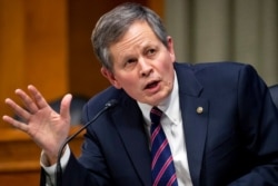 FILE - Sen. Steve Daines, R-Mont., speaks during a hearing on the nomination of Xavier Becerra to be Secretary of Health and Human Services, on Capitol Hill, Feb. 24, 2021.