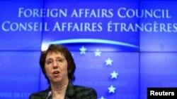 EU foreign policy chief Catherine Ashton holds a news conference at the end of a European Union foreign ministers meeting in Brussels, January 23, 2012.