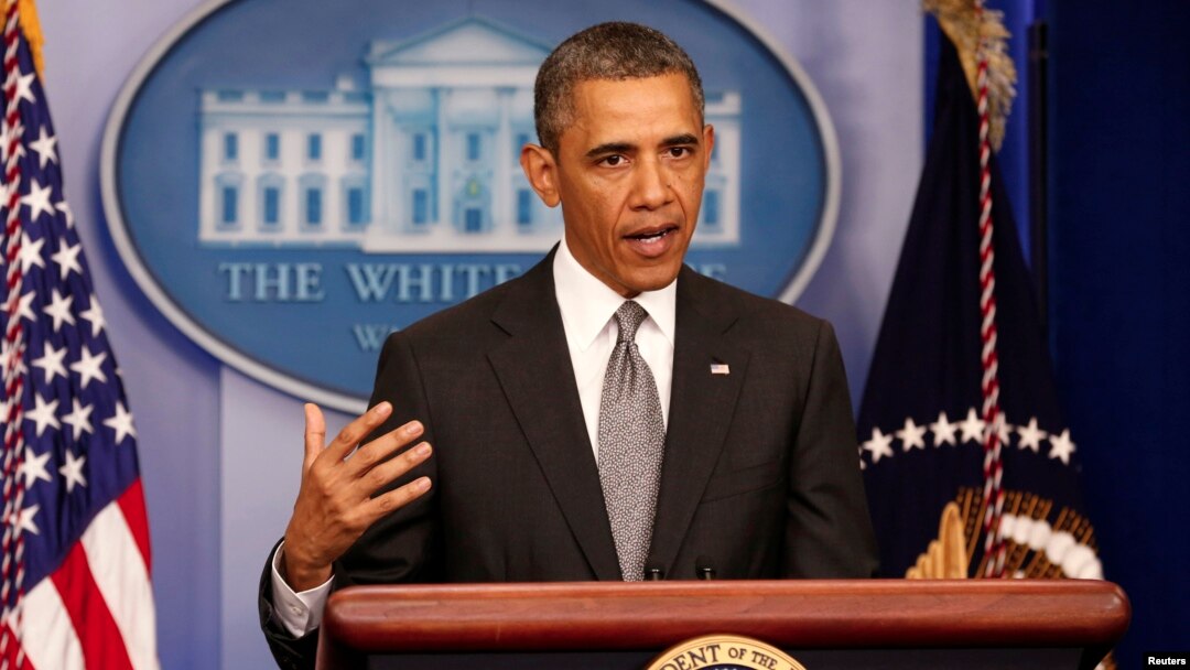 Presiden AS Barack Obama memberikan pernyataan khusus di Gedung Putih mengenai ledakan bom pada Marathon di Boston (16/4).