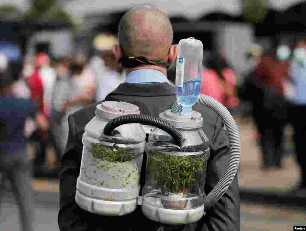 A climate activist wears an oxygen mask to demonstrate the possibility of pumping oxygen from a tree in a bottle, during a protest against the government&#39;s deforestation practices of Sri Lanka&#39;s main wildlife forests for developments in Colombo.
