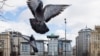 FILE - Birds fly with the British Embassy building at center in the background in Moscow, March 16, 2018.