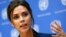 Victoria Beckham speaks during a news conference at the U.N. headquarters in New York, September 24, 2014.