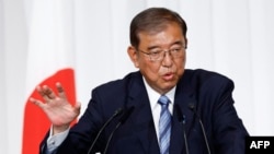 Shigeru Ishiba, Japan's Prime Minister and person  of the ruling Liberal Democratic Party, speaks during a property   league  astatine  the party's office  successful  Tokyo connected  October 28, 2024.