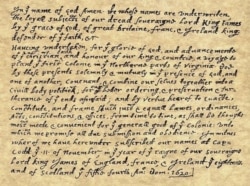 The Mayflower Compact, the first governing document of Plymouth Colony, signed November 11 in what is now Providence Harbor, Massachusetts.