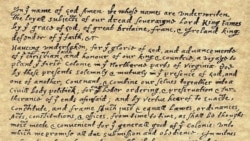 The Mayflower Compact, the first governing document of Plymouth Colony, signed November 11 in what is now Providence Harbor, Massachusetts.