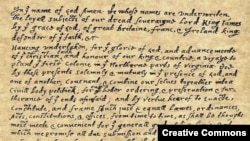 The Mayflower Compact, the first governing document of Plymouth Colony, signed November 11 in what is now Providence Harbor, Massachusetts.