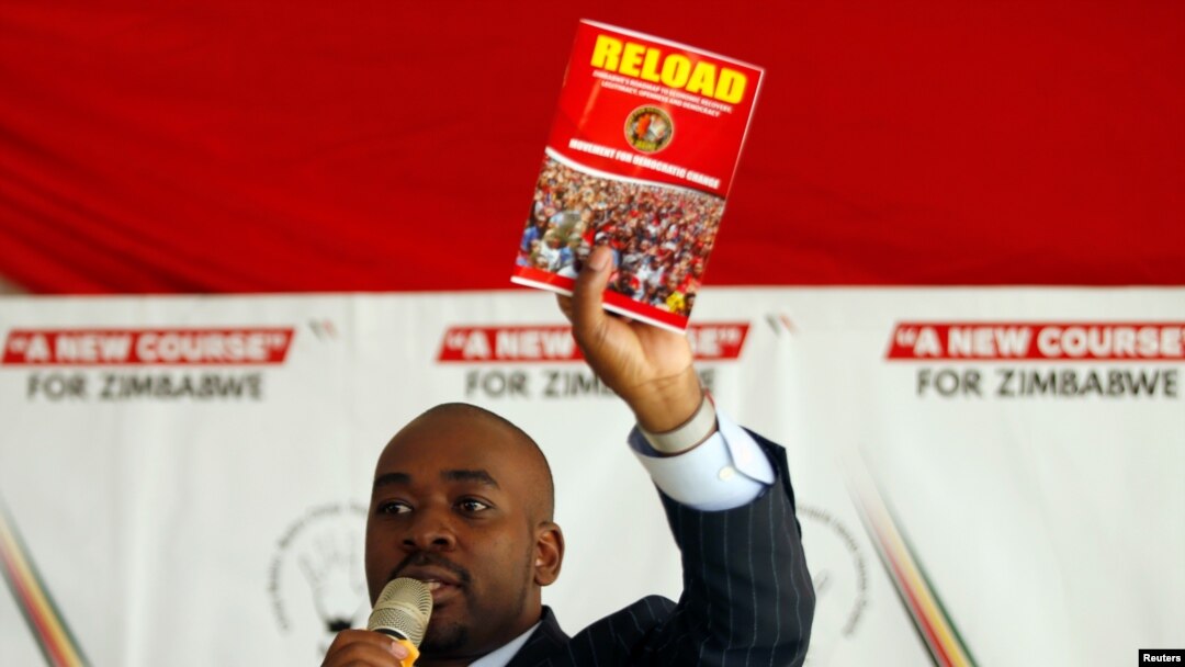 FILE - Opposition leader Nelson Chamisa gestures while addressing a rally of his Movement for Democratic Change (MDC) party in Harare, Zimbabwe, July 11, 2019. 