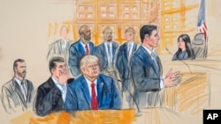 Este boceto artístico muestra al expresidente Donald Trump, en el centro, consultando con el abogado defensor Todd Blanche, a la izquierda, durante su comparecencia en el Tribunal Federal de Washington, el 3 de agosto de 2023.