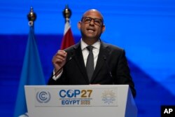 FILE —Simon Stiell, U.N. climate chief, speaks during a closing plenary session at the COP27 U.N. Climate Summit on Nov. 20, 2022, in Sharm el-Sheikh, Egypt.