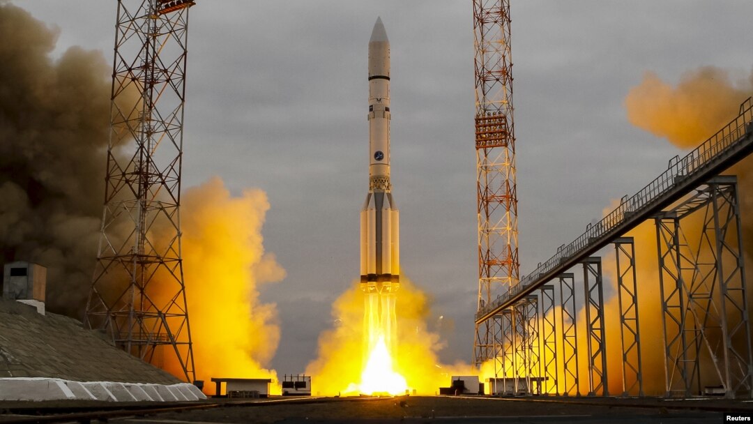 The Proton-M rocket, carrying the ExoMars 2016 spacecraft to Mars, blasts off from the launchpad at Baikonur cosmodrome, Kazakhstan, March 14, 2016.
