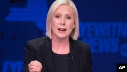 FILE - Sen. Kirsten Gillibrand, a New York Democrat, speaks during the New York Senate debate hosted by WABC-TV, in New York, Oct. 25, 2018. 