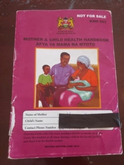 A clinic handbook is given to new mothers free of charge upon delivery at health facilities all over the country. The book contains vaccination schedules and information materials. (R. Ombuor/VOA)