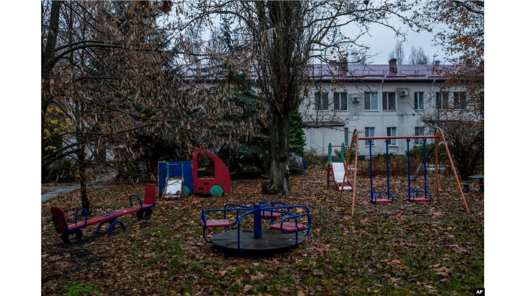 A view of the courtyard of Kherson regional children's home in Kherson, southern Ukraine on November 25, 2022. (AP Photo/Bernat Armangue)