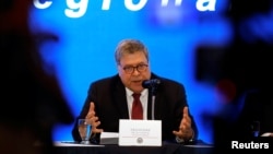 FILE - U.S. Attorney General William Barr speaks at a news conference in San Salvador, El Salvador, May 16, 2019.