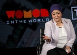 Gulchehra Hoja, Uyghur journalist at Radio Free Asia, speaks on stage at the Women In The World Summit in New York, April 11, 2019.