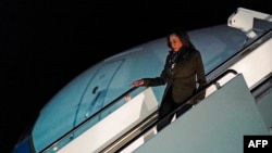 U.S. Vice President and Democratic presidential nominee Kamala Harris disembarks from Air Force Two upon arrival at Joint Base Andrews, Maryland, on Oct. 11, 2024.