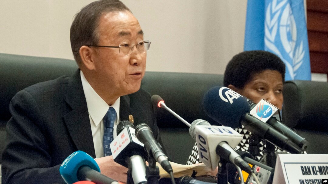 United Nations Secretary General Ban- Ki- Moon speaks during a news conference during the heads of state meeting of the annual African Union (AU) summit, in Addis Ababa, Ethiopia, Saturday, Jan. 31, 2015.