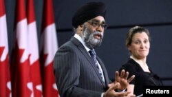 Canada's Defense Minister Harjit Sajjan speaks during a news conference with Foreign Minister Chrystia Freeland in Ottawa, Ontario, Canada, March 18, 2019.
