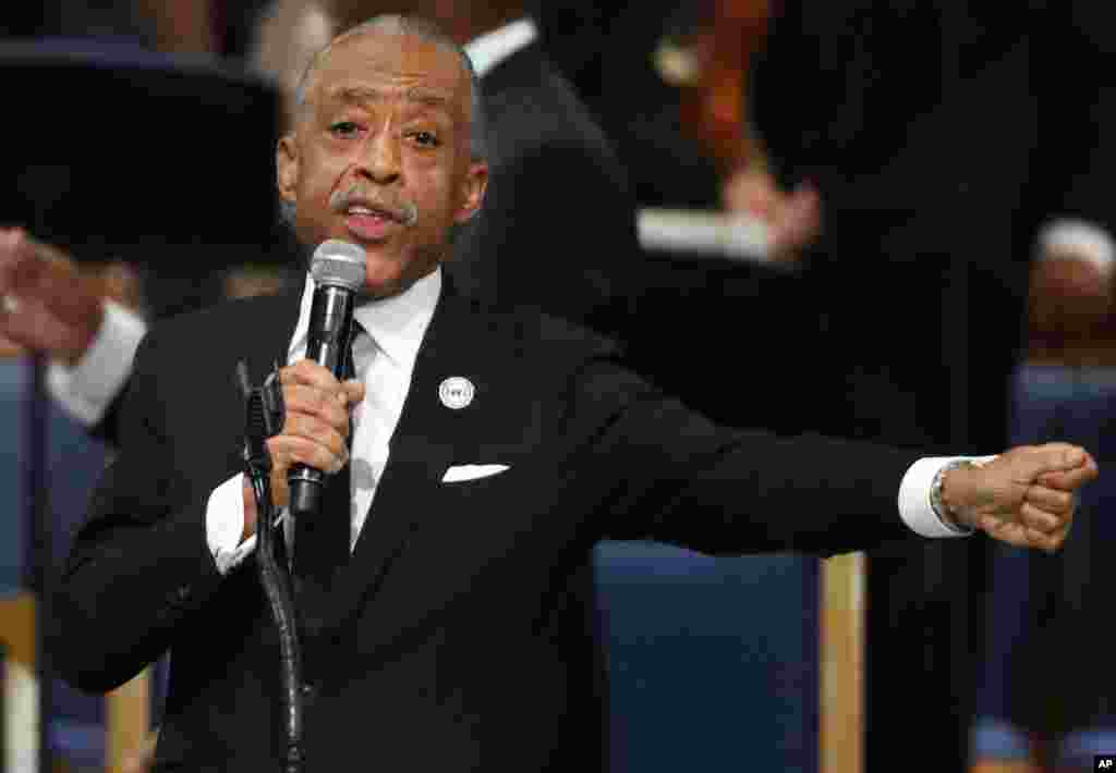 Rev. Al Sharpton speaks during the funeral service for Aretha Franklin at Greater Grace Temple in Detroit, Aug. 31, 2018. 