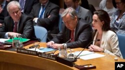 Aktris dan utusan khusus UNHCR, Angelina Jolie, berbicara di sidang Dewan Keamanan PBB mengenai krisis pengungsi Suriah, 24 April 2015. (AP/Bebeto Matthews)