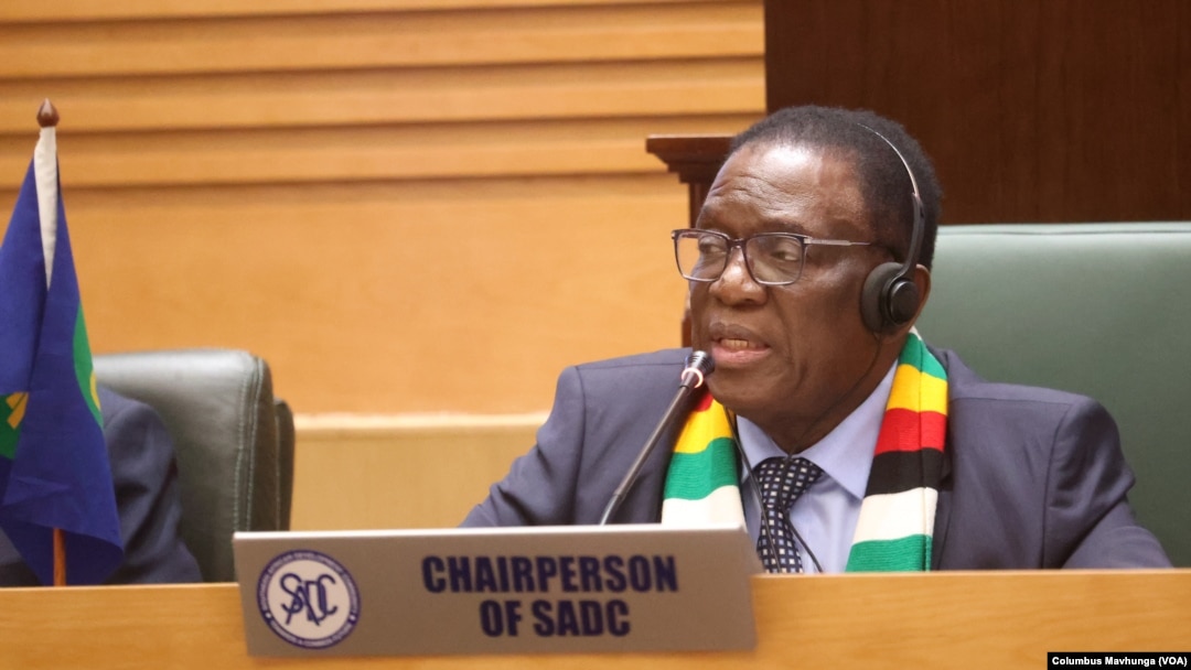 FILE - Zimbabwe’s President Emmerson Mnangagwa, current chairman of the 16-nation Southern African Development Community, SADC, is pictured at Mount Hampden in Zimbabwe, Nov. 2024, during a SADC meeting. Mnangagwa said the post-election violence in Mozambique must end.