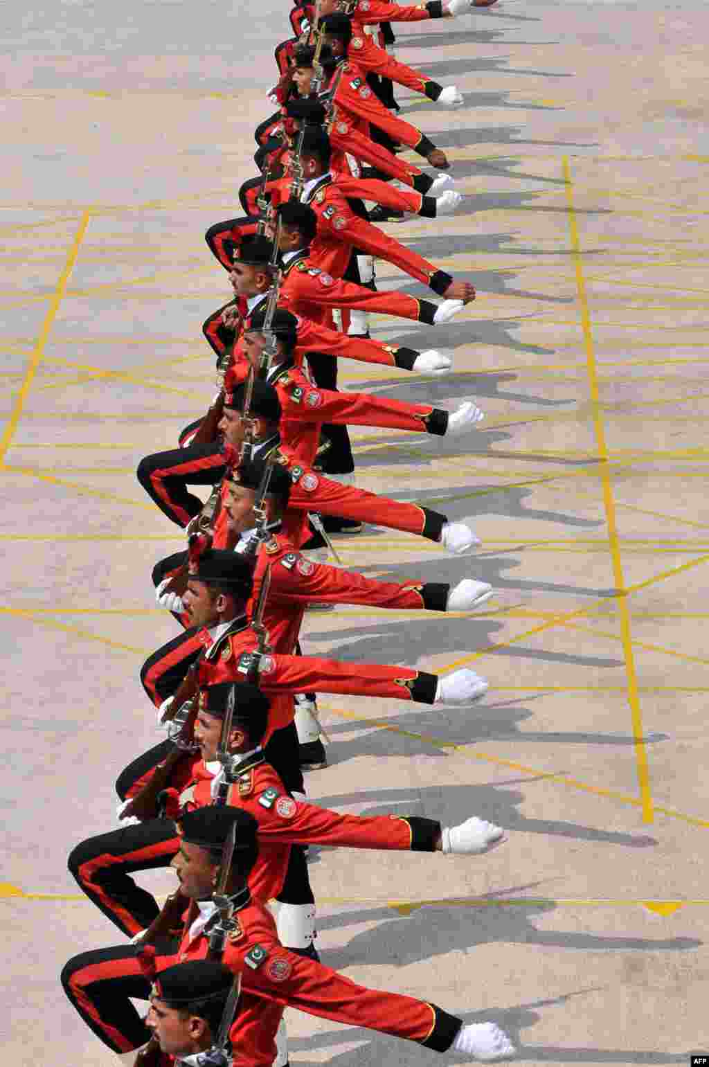 Pakistani paramilitary soldiers take part in a ceremony at the Rangers headquarters in Lahore to mark the country&rsquo;s Defense Day.