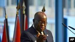FILE - Ghana's President Nana Akufo-Addo speaks in Berlin, Nov. 19, 2019. Martin Amidu said he resigned as anti-corruption special prosecutor because Akufo-Addo tried to interfere with his report, something the presidency has denied.