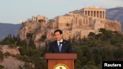 US Secretary of State Marco Rubio speaks at the Pnyx hill, where ancient Athenians held democratic assemblies, with the ancient Parthenon temple atop the Acropolis in the background, in Athens, Greece October 7, 2026.   