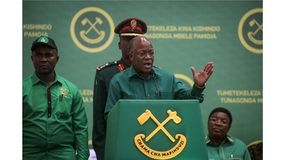 FILE - President John Magufuli speaks at the national congress of his ruling Chama cha Mapinduzi party in Dodoma, Tanzania, July 11, 2020.
